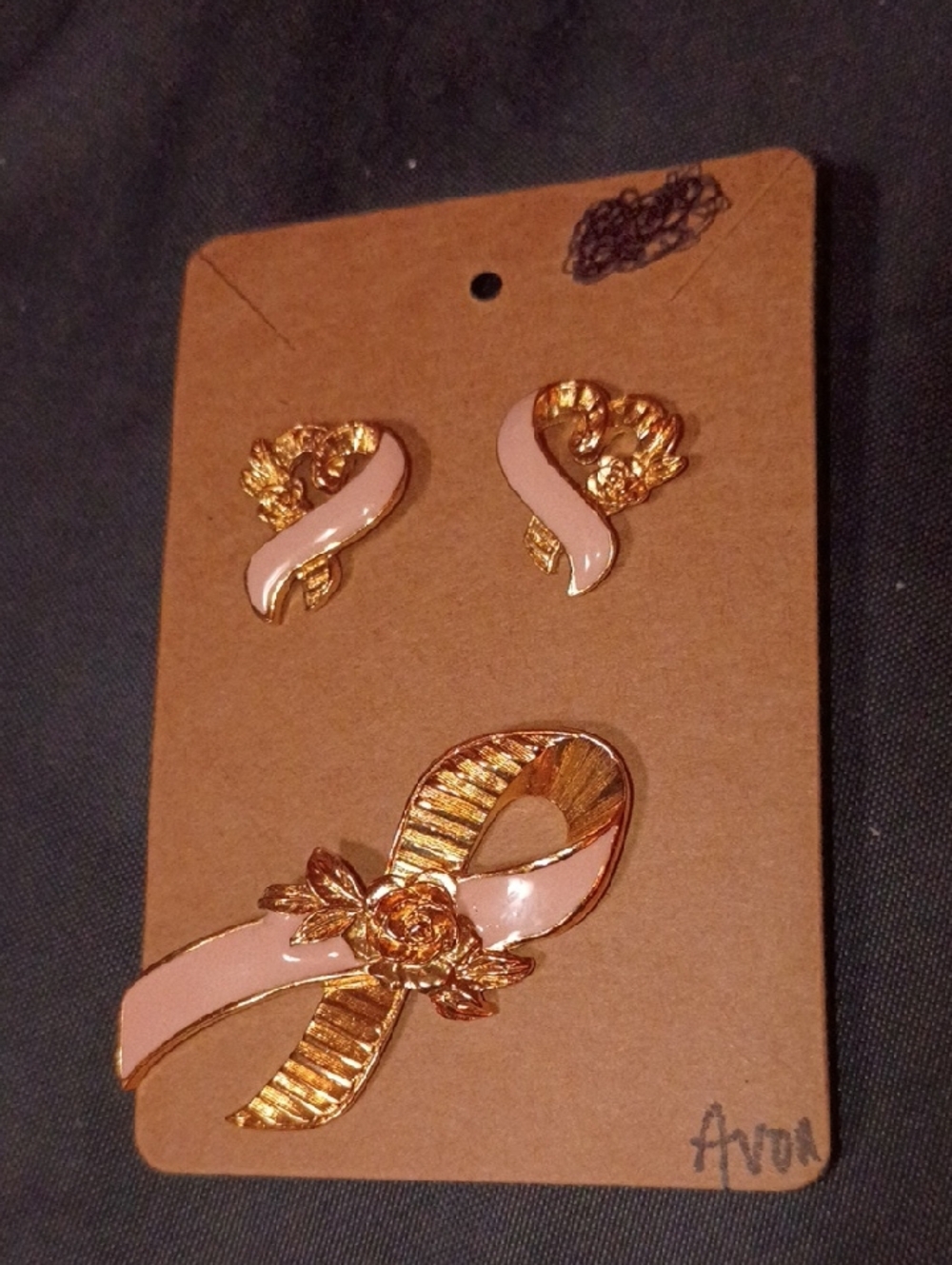 Avon Gold-Tone Pink Ribbon Brooch and Earring Set